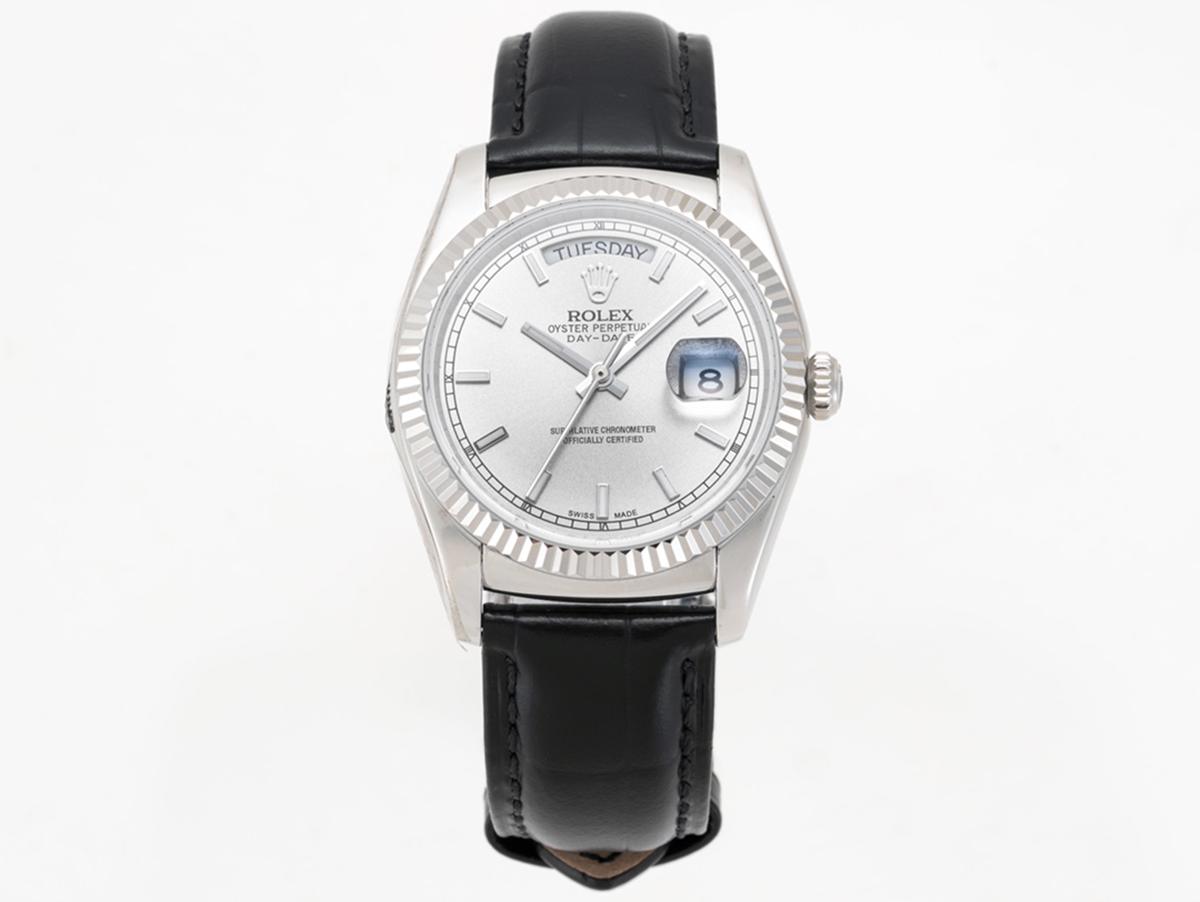Day-Date 40 Silver Dial in White Gold on Leather Strap